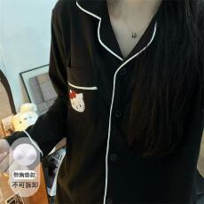 带固定胸垫黑色KT猫卡通睡衣女款2025新款春秋季长袖宽松家居服