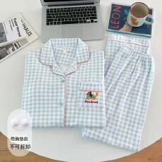 带固定胸垫蓝格小狗卡通睡衣女款2025新款春秋季长袖宽松家居服