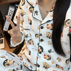 空气夹棉小新表情包睡衣女秋冬季夹层加厚长袖可爱学生家居服春秋