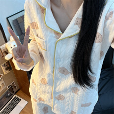 空气夹棉日式小鱼睡衣女秋冬季夹层加厚长袖可爱学生家居服春秋