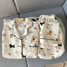 空气夹棉斑点狗睡衣女秋冬季夹层加厚长袖可爱学生家居服春秋套装