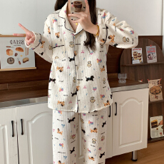 空气夹棉斑点狗睡衣女秋冬季夹层加厚长袖可爱学生家居服春秋套装