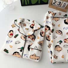 空气夹棉小新表情包睡衣女秋冬季夹层加厚长袖可爱学生家居服春秋