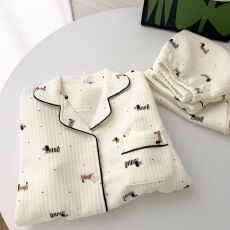 空气夹棉条纹狗睡衣女秋冬季夹层加厚长袖可爱学生家居服春秋套装