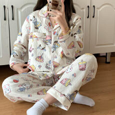 空气夹棉蛋糕KT睡衣女秋冬季夹层加厚长袖可爱学生家居服春秋套装