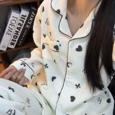 空气夹棉蝴蝶结爱心睡衣女秋冬季夹层加厚长袖可爱学生家居服春秋
