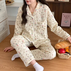 空气夹棉花朵萌熊睡衣女秋冬季夹层加厚长袖可爱学生家居服春秋