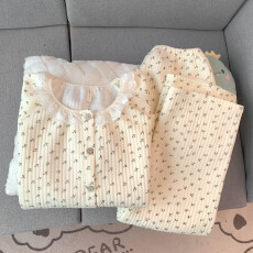 批发空气夹棉蕾丝小碎花睡衣女秋冬季夹层加厚长袖可爱学生家居服春秋