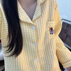 批发空气夹棉黄格小狗睡衣女秋冬季夹层加厚长袖可爱学生家居服春秋