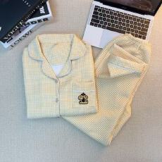 批发空气夹棉黄格小狗睡衣女秋冬季夹层加厚长袖可爱学生家居服春秋