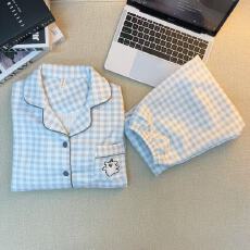 批发空气夹棉蓝格小狗睡衣女秋冬季夹层加厚长袖可爱学生家居服春秋