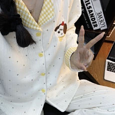 批发空气夹棉波点小狗睡衣女秋冬季夹层加厚长袖可爱学生家居服春秋