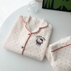 批发空气夹棉波点KT猫睡衣女秋冬季夹层加厚长袖可爱学生家居服春秋