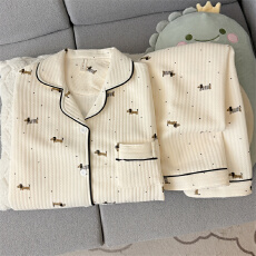 空气夹棉条纹腊肠狗睡衣女秋冬季夹层加厚长袖可爱学生家居服春秋