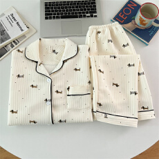 批发空气夹棉条纹腊肠狗睡衣女秋冬季夹层加厚长袖可爱学生家居服春秋