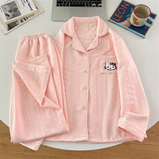 批发空气夹棉粉色KT猫睡衣女秋冬季夹层加厚长袖可爱学生家居服春秋