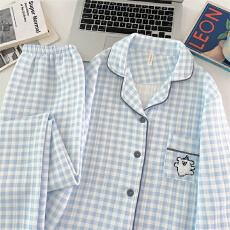 批发空气夹棉蓝格小狗睡衣女秋冬季夹层加厚长袖可爱学生家居服春秋