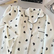 批发空气夹棉蝴蝶结爱心睡衣女秋冬季夹层加厚长袖可爱学生家居服春秋