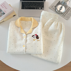 批发空气夹棉波点小狗睡衣女秋冬季夹层加厚长袖可爱学生家居服春秋