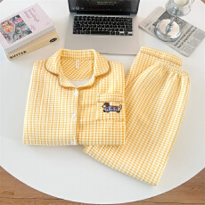 批发空气夹棉黄格小狗睡衣女秋冬季夹层加厚长袖可爱学生家居服春秋