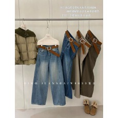 批发浅蓝色复合绒高腰阔腿牛仔<b class='q'>裤</b>女2025冬季<b class='q'>宽松</b>休闲显瘦弯刀拖地长<b class='q'>裤</b>