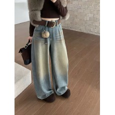 批发CM W50做旧复古加绒直筒牛仔<b class='q'>裤</b>女冬季韩版垂感<b class='q'>宽松</b>阔腿拖地休闲<b class='q'>裤</b>