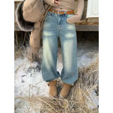 批发2025冬季新款甜辣风小众水洗做旧烟管直筒宽松<b class='q'>显瘦</b>加绒牛仔长裤女