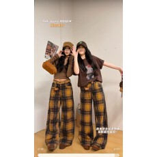 批发KAKAMEE秋冬 美式复古格纹加绒格子阔腿<b class='q'>牛仔裤</b><b class='q'>女</b>直筒裤（配挂饰