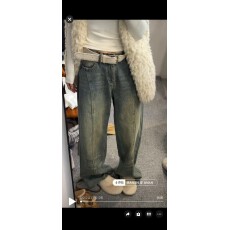 批发新品磨砂黄腰带弯刀裤女秋冬新款宽松牛仔长裤