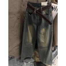 批发新品磨砂黄腰带弯刀裤女秋冬新款宽松牛仔长裤