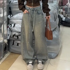 批发美式复古抽绳设计感<b class='q'>镶钻</b><b class='q'>牛仔裤</b>女2026春季新款宽松显瘦阔腿拖地裤
