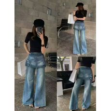 批发春夏韩版chic设计感假两件屁帘牛仔裤女复古高腰显瘦阔腿拖地裤