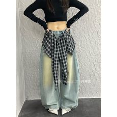 批发2026春季新款韩版宽松显瘦直筒牛仔裤女中长款阔腿腿长裤带屁帘