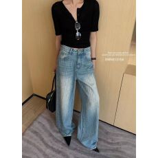 批发浅蓝色重工流星雨烫钻阔腿牛仔裤女2026春新款高腰显瘦直筒拖地裤