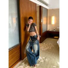 批发牛仔风假两件拼接阔腿裤女2026年春季新款时尚水洗显瘦拖地裤