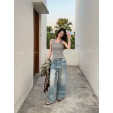 批发春款休闲宽松牛仔裤女2026年高腰显瘦直筒阔腿拖地长裤