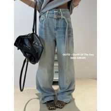 批发TABLE韩代新款设计感腰绳直筒阔腿<b class='q'>浅色</b><b class='q'>牛仔裤</b>时尚百搭长裤<b class='q'>牛仔裤</b>