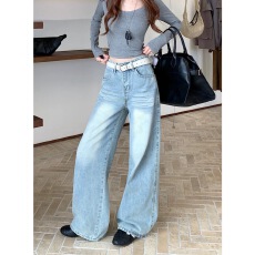 批发五零伍零Wuling春秋复古水洗浅蓝色<b class='q'>牛仔裤</b>显瘦宽松阔腿直筒拖地裤