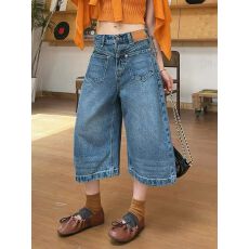 批发2026春夏新<b class='q'>高腰</b>七分阔腿牛仔裤女宽松百搭休闲裤复古时尚蓝色裤子