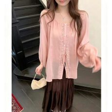 批发1只衮1Z1ZGUN 会呼吸的防晒衫 苎麻衫松弛廓形灯笼袖系带<b class='q'>衬衫</b>