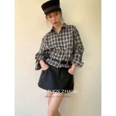 批发CZ ZHANG美式复古<b class='q'>格子</b><b class='q'>衬衫女</b>秋季新款休闲长袖上衣
