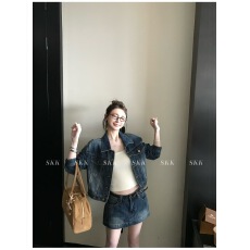 批发Skk Store 松弛单宁 辣妹水洗蓝棉柔松弛自洽<b class='q'>牛仔</b>外套短裙套装女