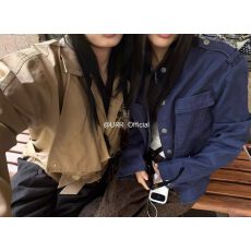 批发日了个韩｜韩版复古腰带收腰显瘦洗水多口袋短款立领工装牛仔外套