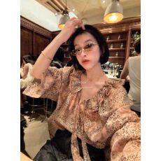 批发DENGLULOOP录录‘橘豹’早秋新品复古时髦高级豹纹微荷叶衬衣