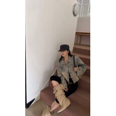 批发做旧水洗牛仔外套女春秋2023新款港风美式复古宽松百搭夹克上衣潮