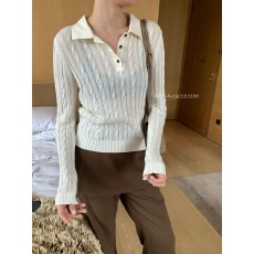 批发26秋ttoo韩国东大门Polo领麻花纹针织衫女半开扣修身显瘦长袖打底