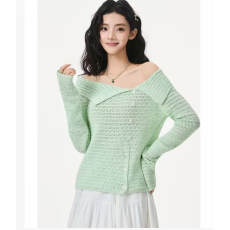 批发初米妮CHUMINI薄荷海 翻领开叉设计长袖斜肩针织<b class='q'>开衫</b>女