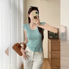 批发法式u领高级感修身气质针织衫女夏季冰蓝色无袖冰丝t恤小飞袖上衣