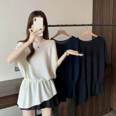 批发不规则蝙蝠短袖冰丝t恤女夏装<b class='q'>大码</b>胖mm中长款系带收腰打底衫上衣