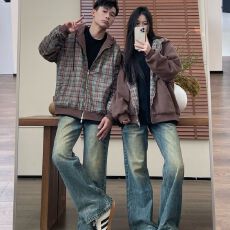 批发纯棉华棉两面穿印花连帽卫衣外套<b class='q'>女</b>in春新款小众设计宽松韩版